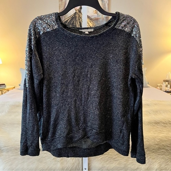 NY COLLECTION Dark Thin Long Sleeve Over Sized Sequined Sweater XS Silver Gray - Picture 1 of 16